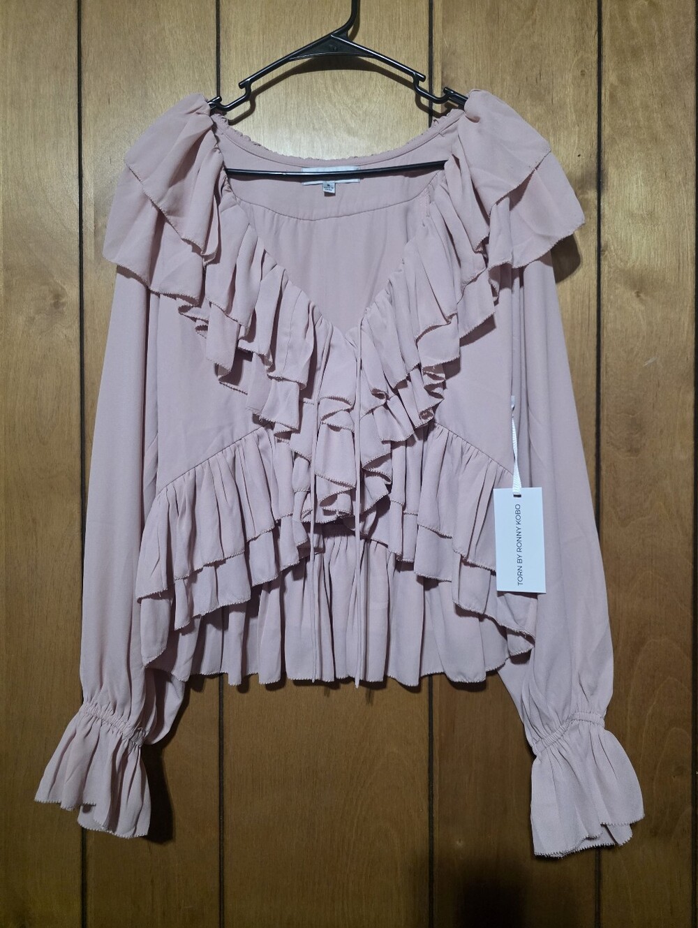 Torn by Ronny Kobo Dusty Rose Ruffled V-Neck Blouse-Size Small